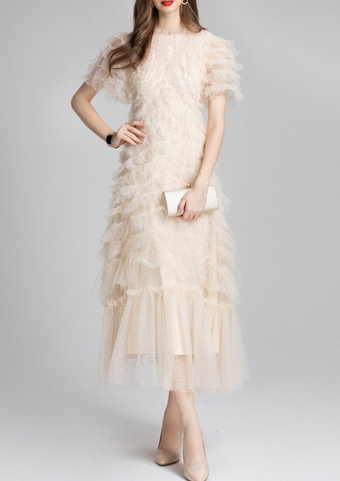 Ruffled Tulle Gown In Red - laseze