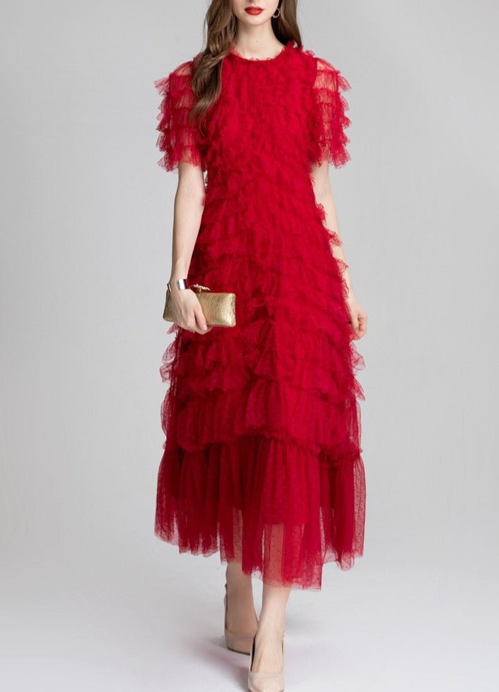 Ruffled Tulle Gown In Red - laseze