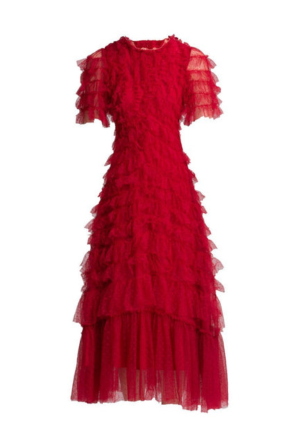 Ruffled Tulle Gown In Red - laseze