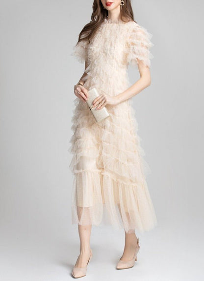 Ruffled Tulle Gown In Red - laseze