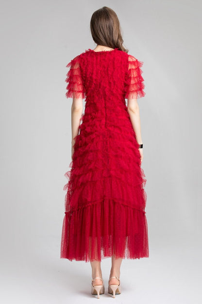 Ruffled Tulle Gown In Red - laseze