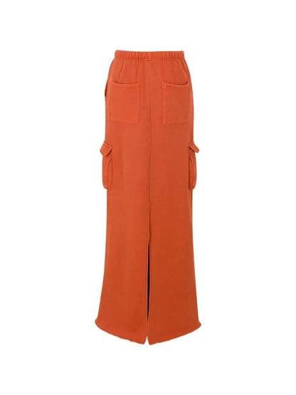 Rust Orange Cropped Hoodie & Maxi Cargo Skirt Set - laseze