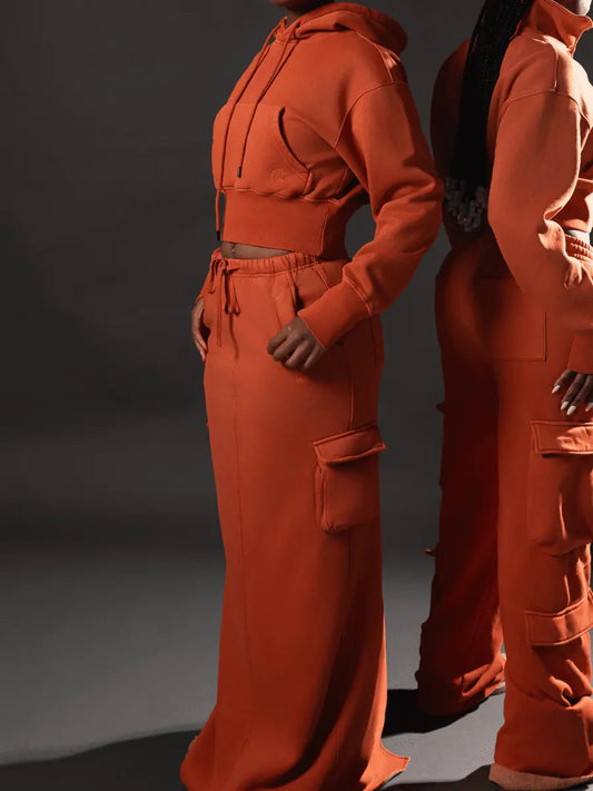 Rust Orange Cropped Hoodie & Maxi Cargo Skirt Set - laseze