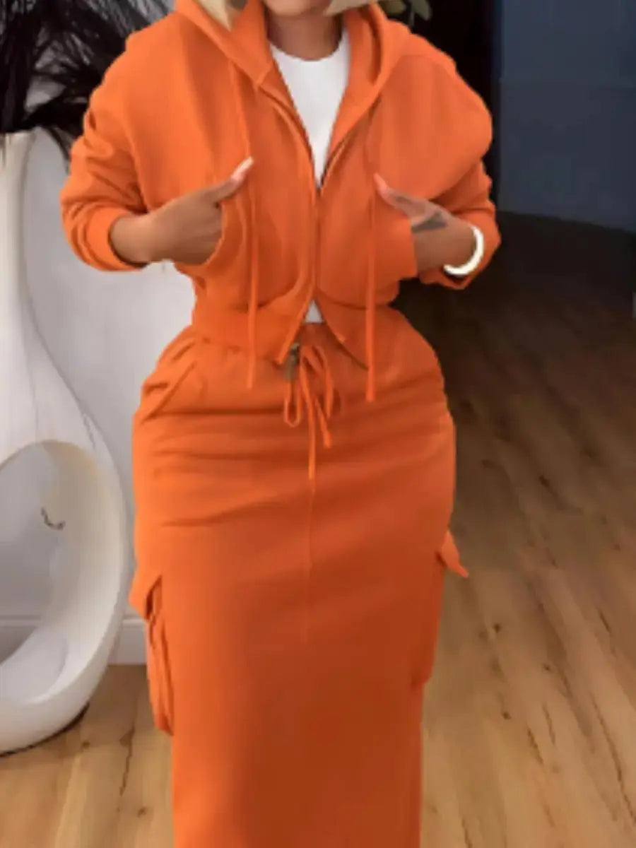 Rust Orange Cropped Hoodie & Maxi Cargo Skirt Set - laseze