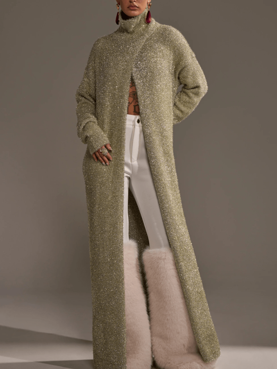 Sage Gold Sparkle Floor-Length Sweater Coat laseze