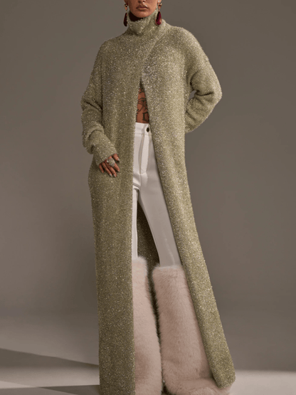 Sage Gold Sparkle Floor-Length Sweater Coat laseze