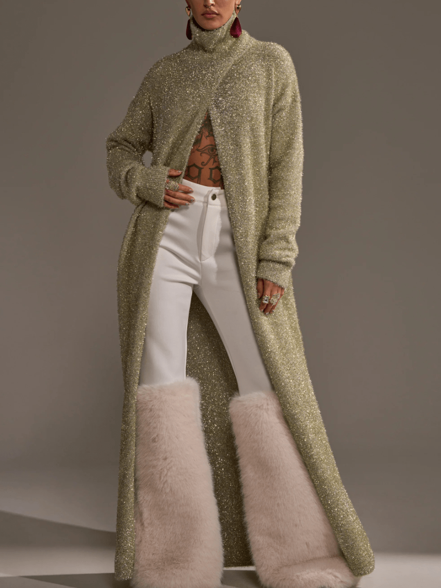 Sage Gold Sparkle Floor-Length Sweater Coat laseze