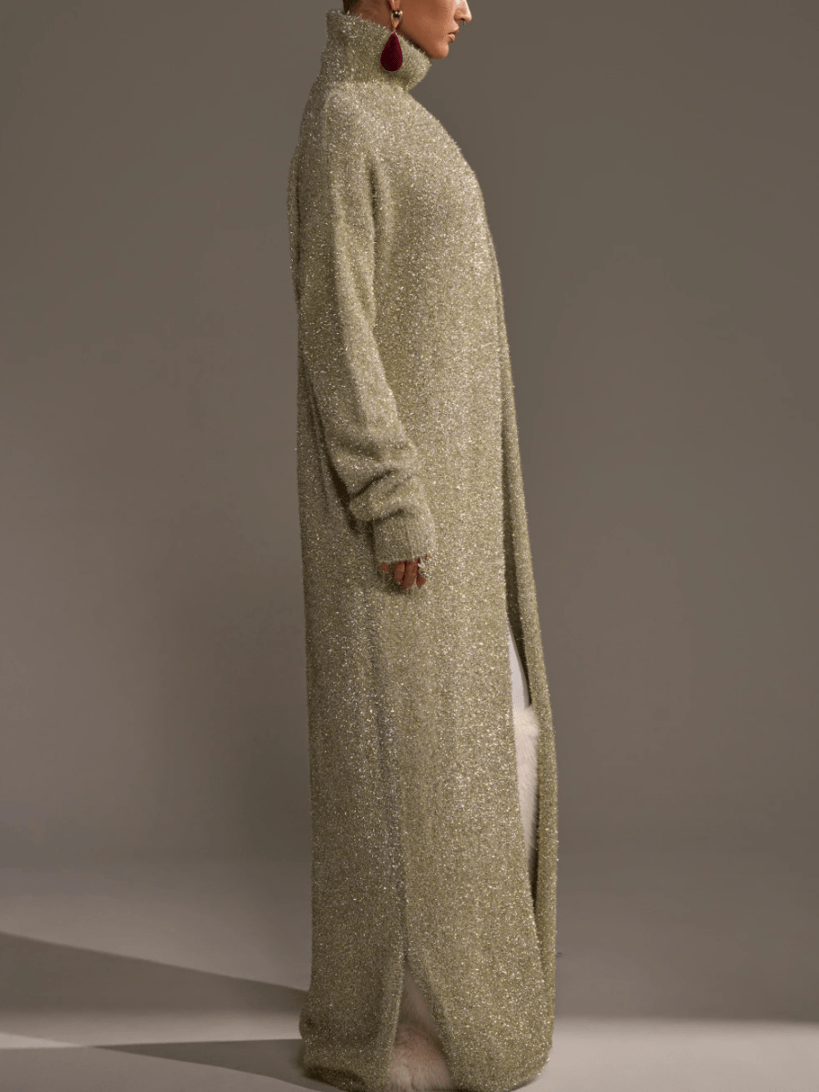 Sage Gold Sparkle Floor-Length Sweater Coat laseze
