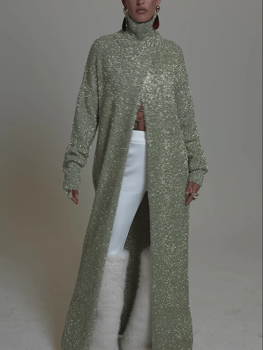 Sage Gold Sparkle Floor-Length Sweater Coat laseze