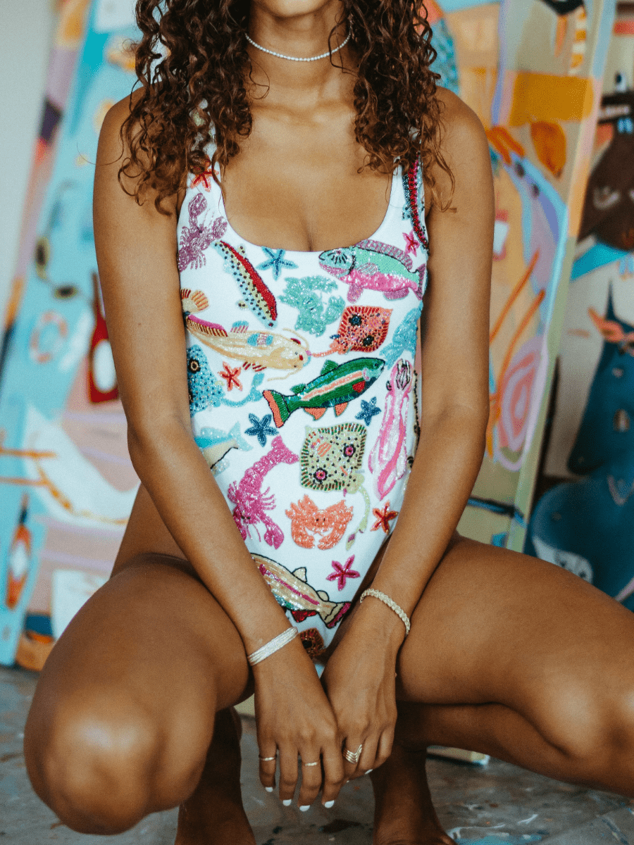 Scoop Neck Beaded Sequins Swimsuit - laseze