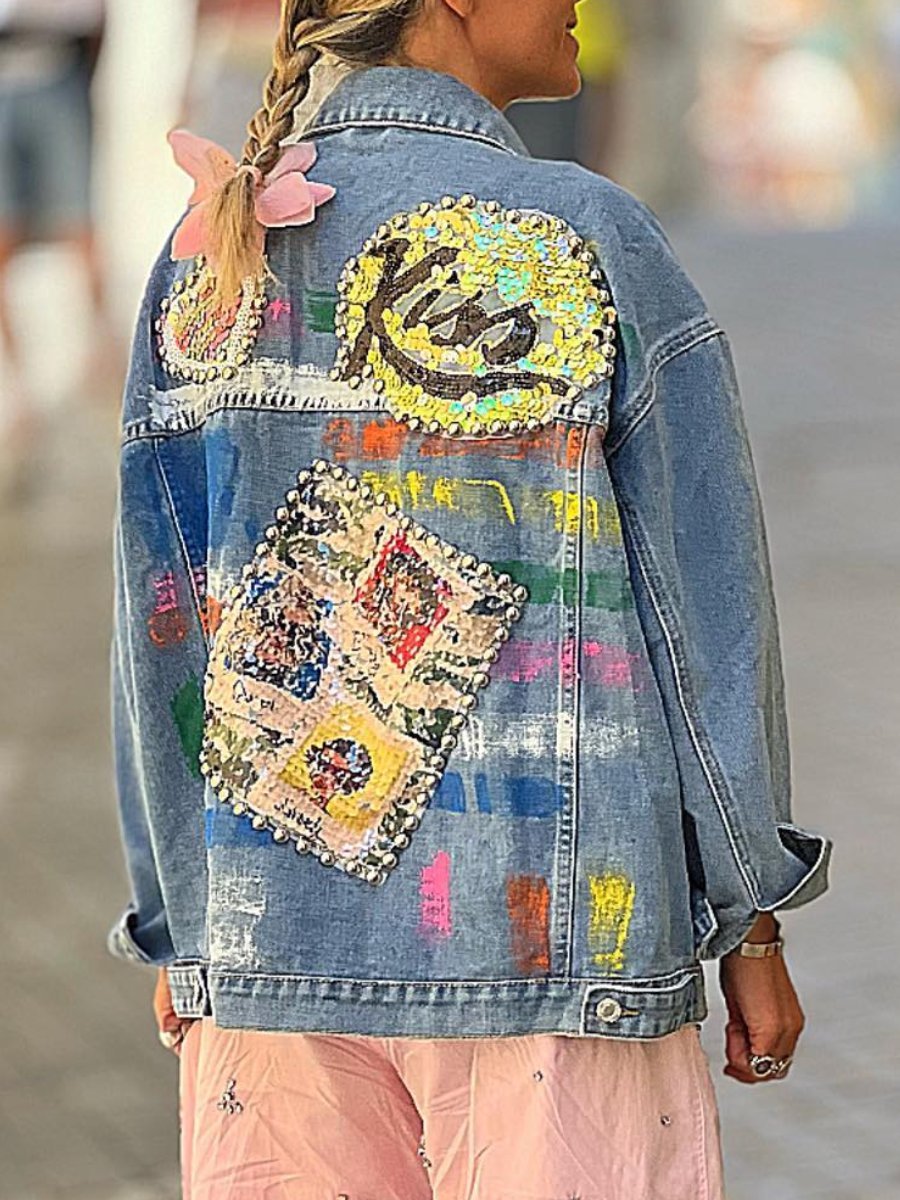 Sequin Embroidered Studded Denim Jacket - laseze