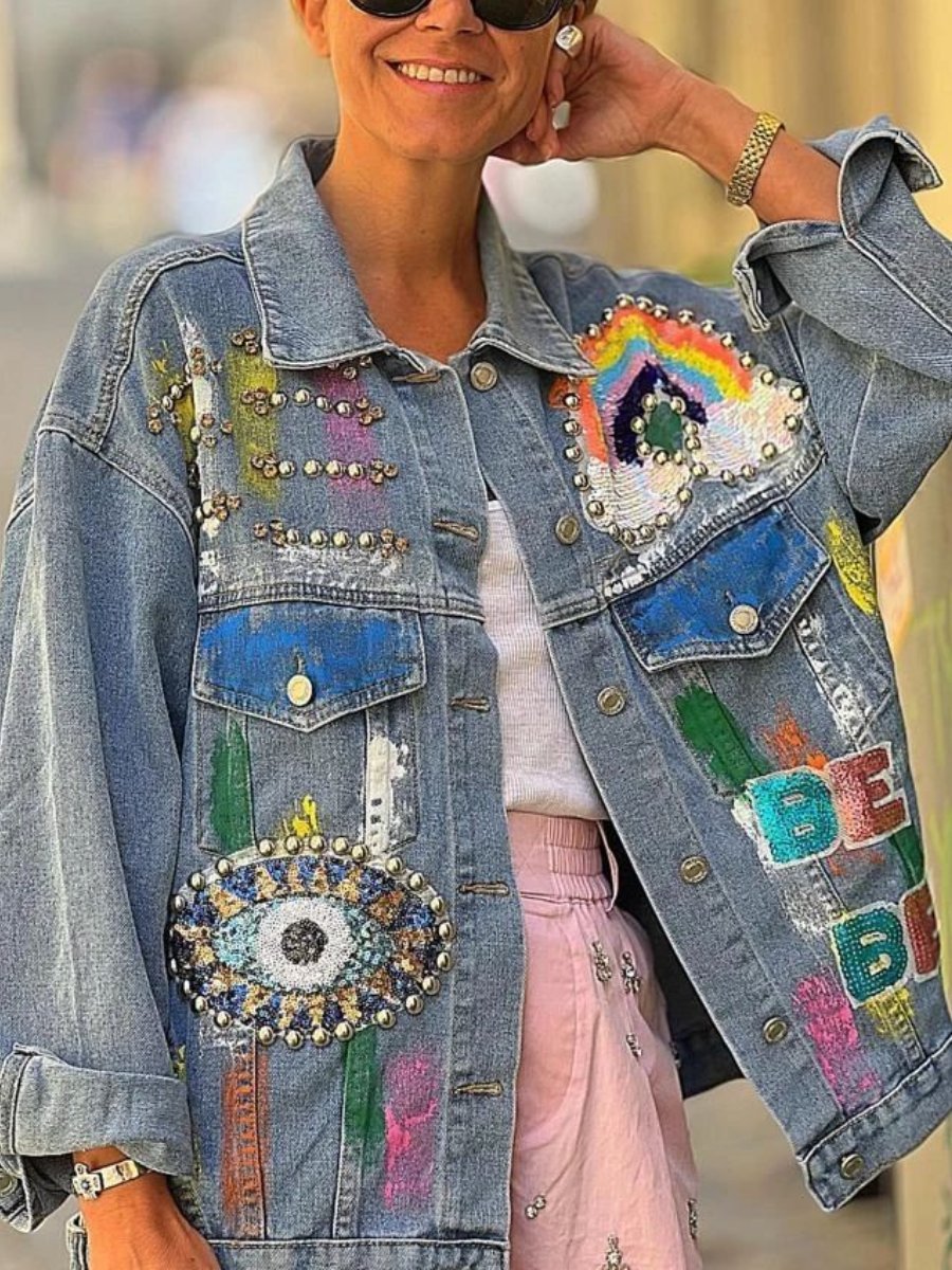 Sequin Embroidered Studded Denim Jacket - laseze