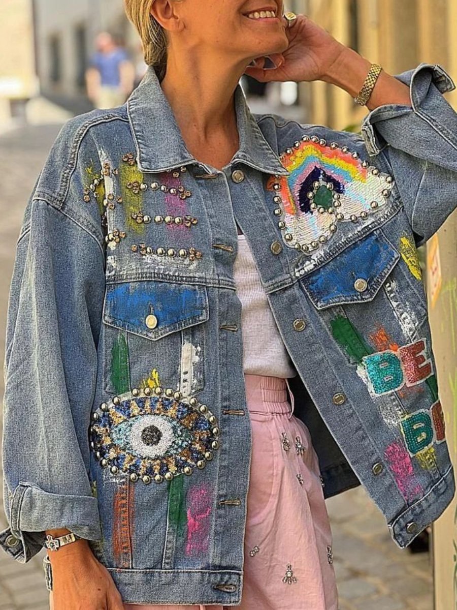 Sequin Embroidered Studded Denim Jacket - laseze