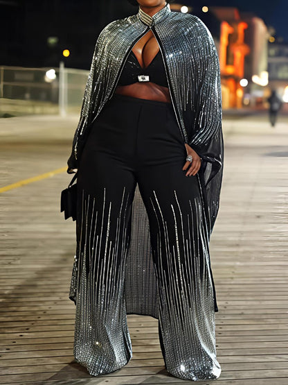 Sequined Sparkle Shine Blouse & Rhinestones Pants Sets laseze