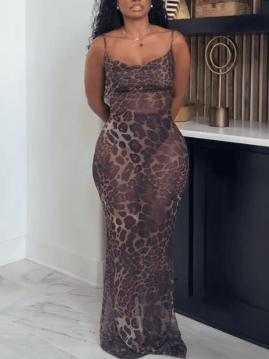 Sheer Leopard Print Slip Dress - laseze