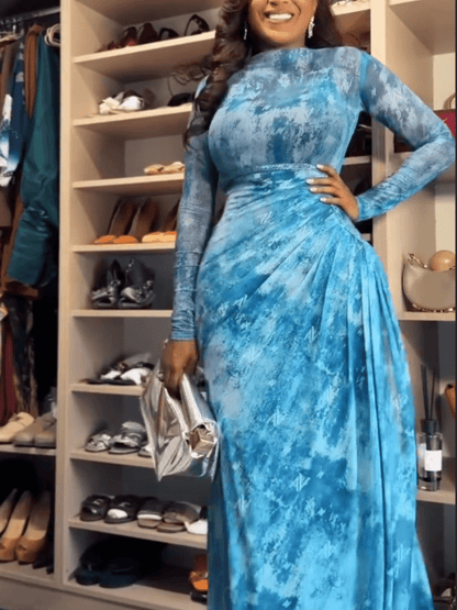 Sheer - Sleeve Blue Tie - Dye Evening Gown - laseze