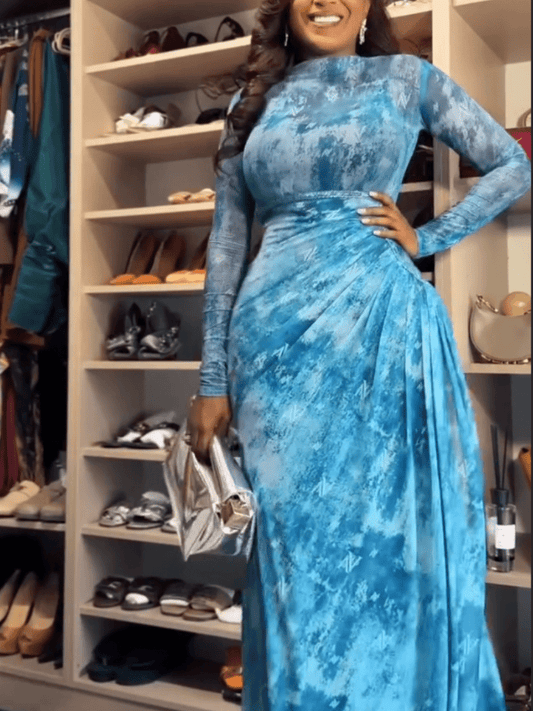 Sheer - Sleeve Blue Tie - Dye Evening Gown - laseze