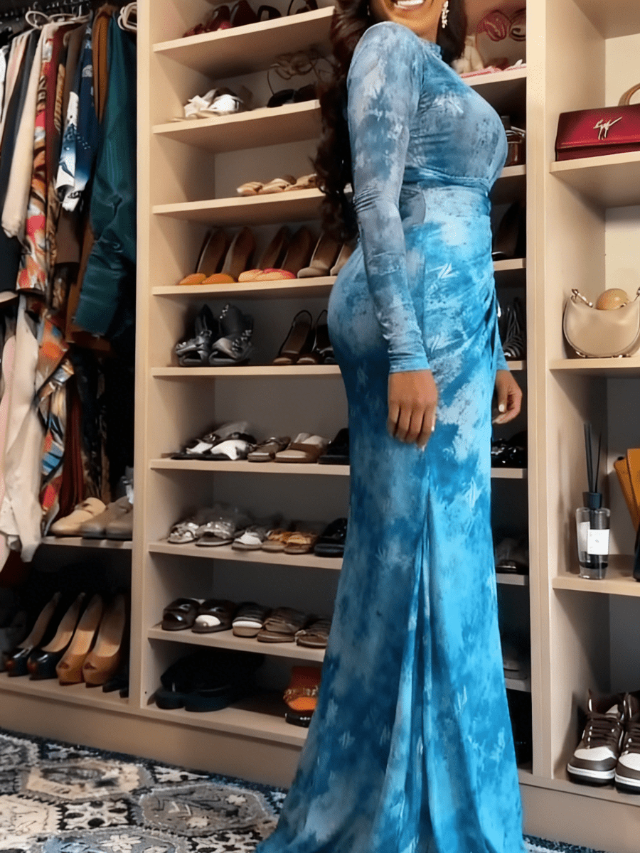 Sheer - Sleeve Blue Tie - Dye Evening Gown - laseze