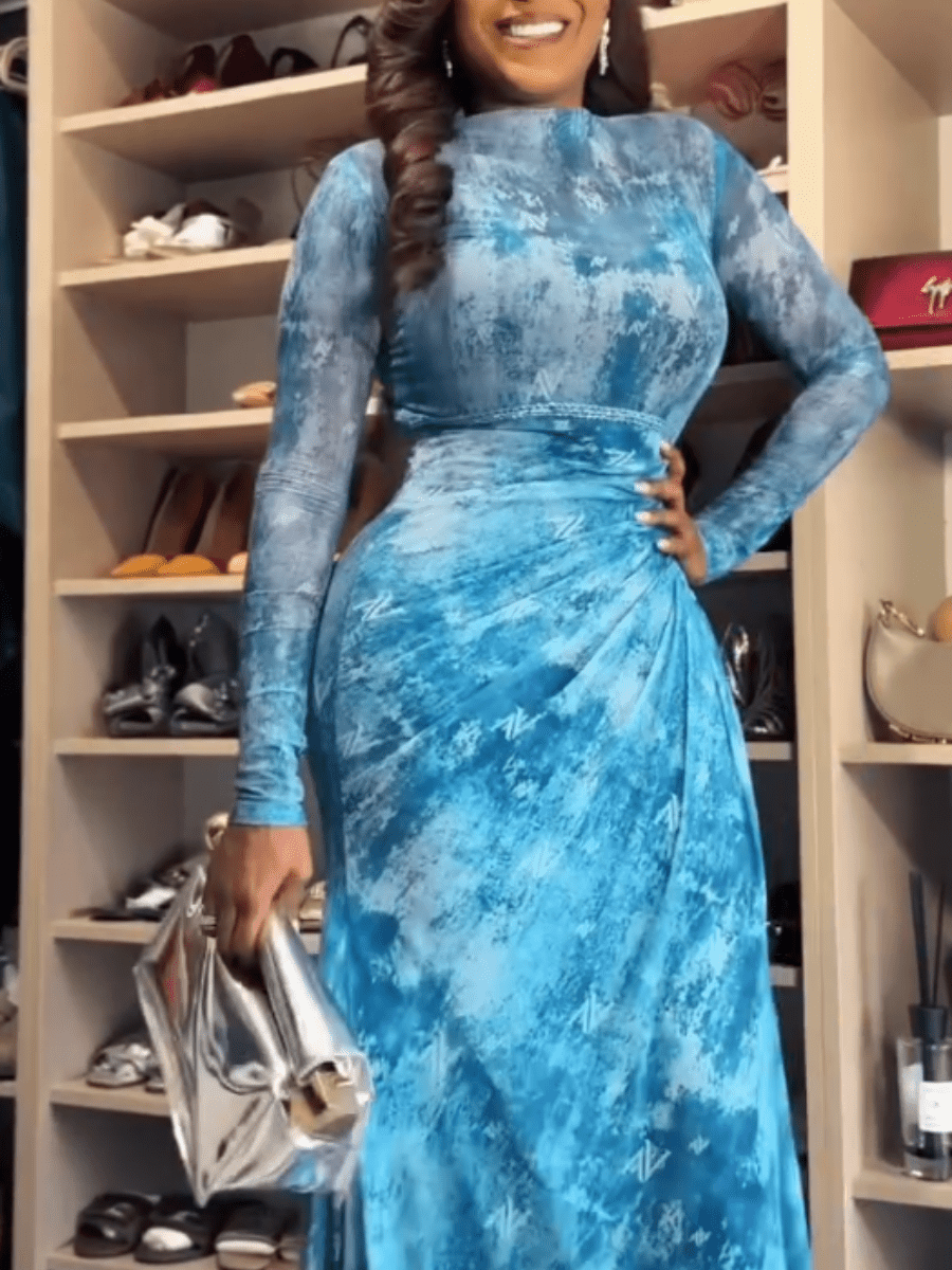 Sheer - Sleeve Blue Tie - Dye Evening Gown - laseze