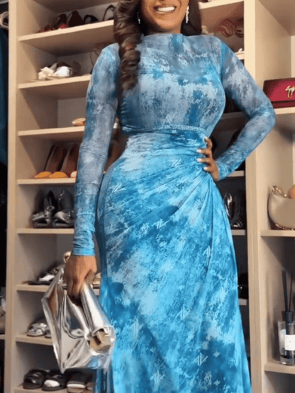 Sheer - Sleeve Blue Tie - Dye Evening Gown - laseze