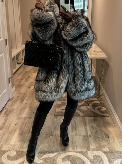 Silver Fox Fur Coat fashgoods