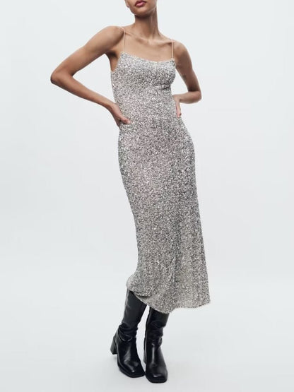 Silver Sequin Slim Dress - laseze