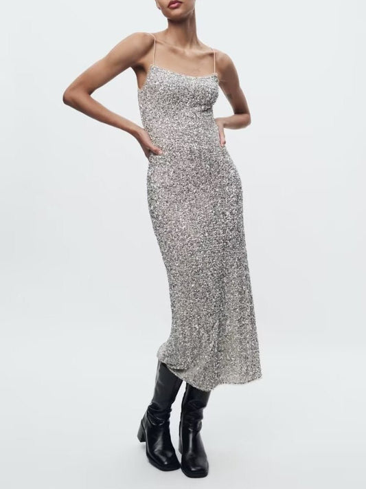 Silver Sequin Slim Dress - laseze