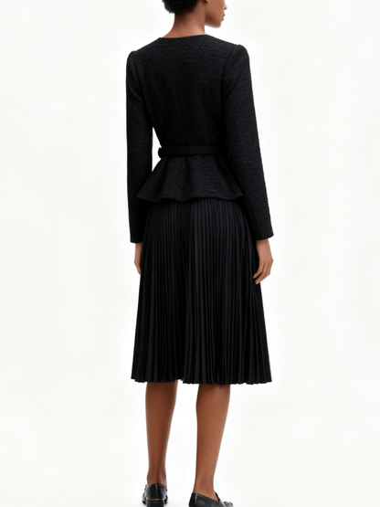 Sleek Black Waist-Cinched Tweed Jacket laseze