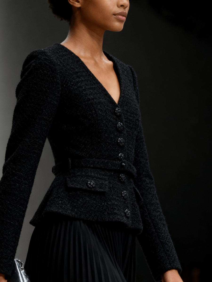 Sleek Black Waist-Cinched Tweed Jacket laseze