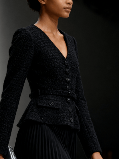 Sleek Black Waist-Cinched Tweed Jacket laseze