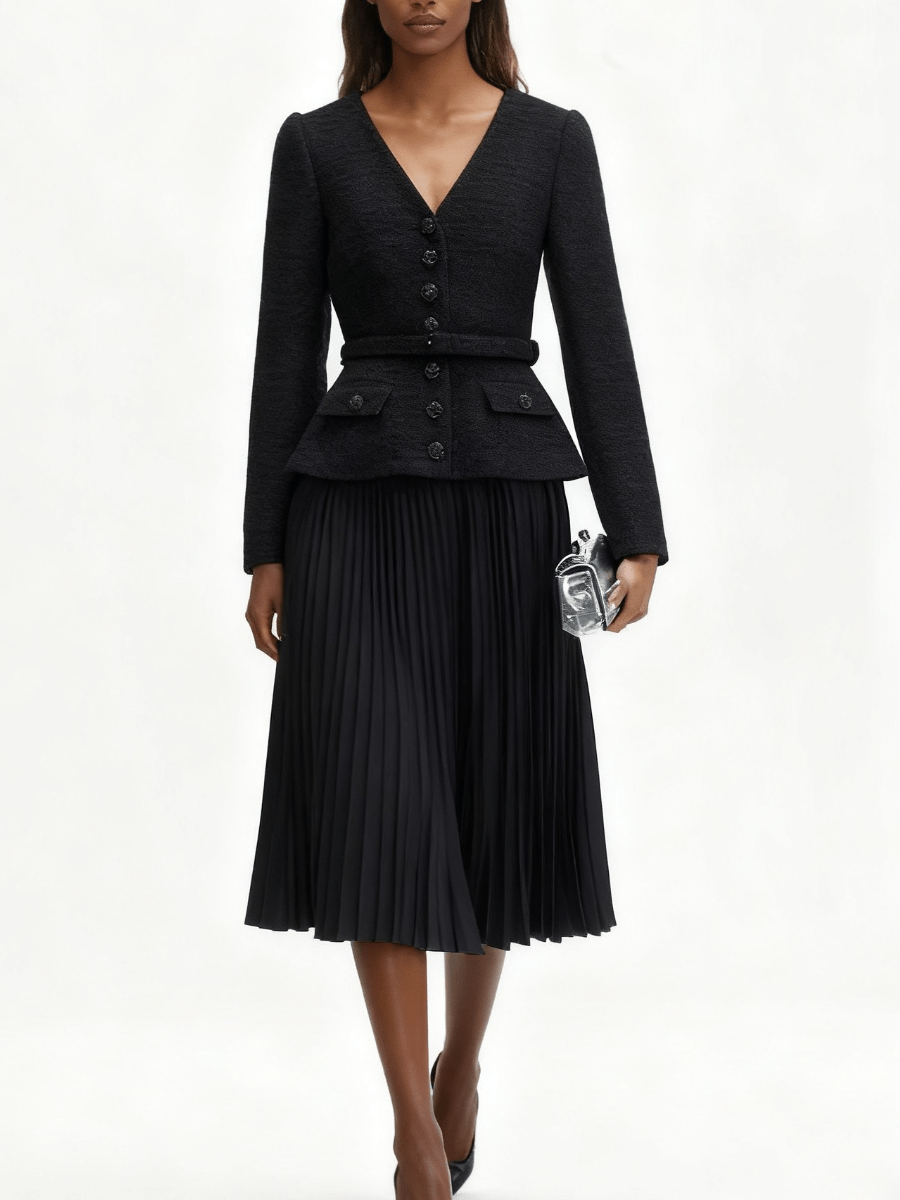 Sleek Black Waist-Cinched Tweed Jacket laseze