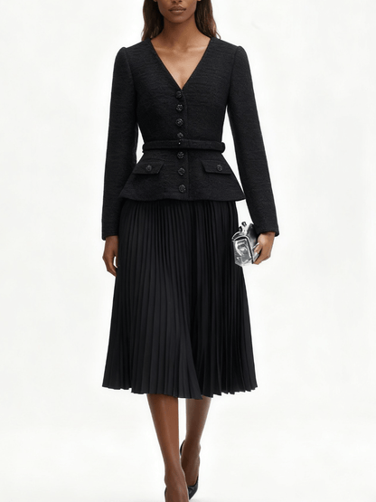 Sleek Black Waist-Cinched Tweed Jacket laseze
