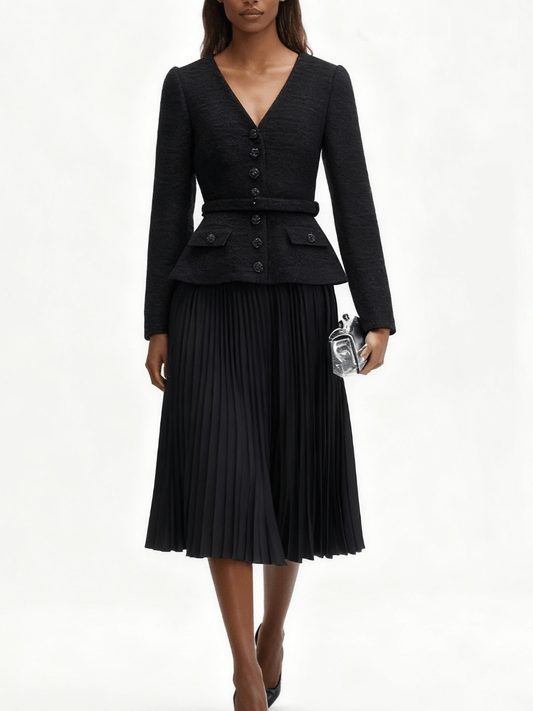 Sleek Black Waist-Cinched Tweed Jacket laseze