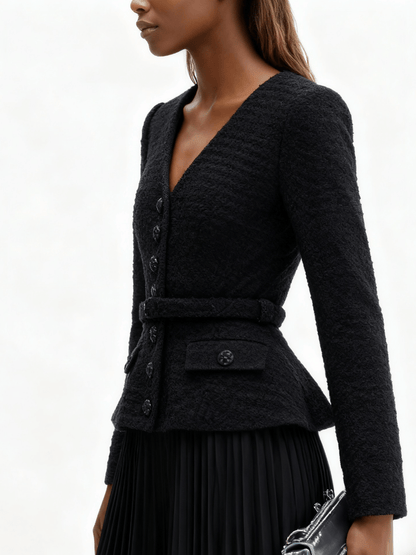 Sleek Black Waist-Cinched Tweed Jacket laseze