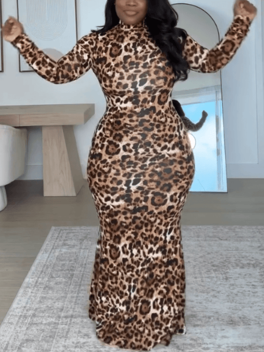 Sleek Leopard Print Maxi Bodycon Dress laseze