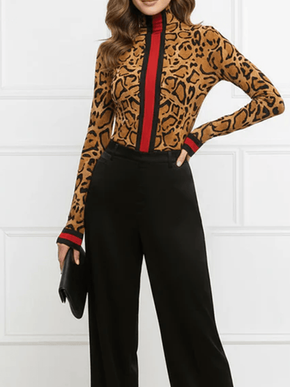 Slim-Fit Contrast Leopard-Print High-Neck Top laseze