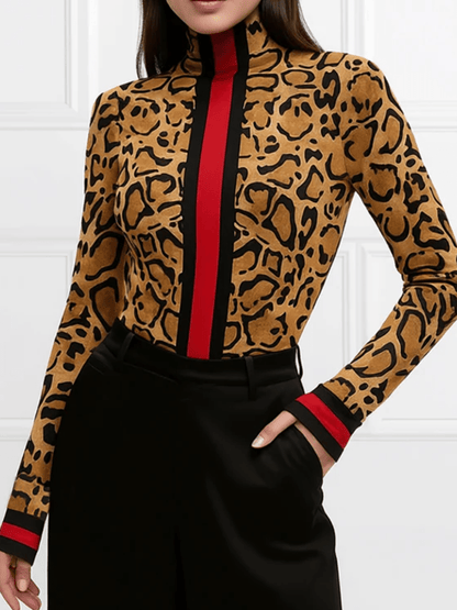 Slim-Fit Contrast Leopard-Print High-Neck Top laseze