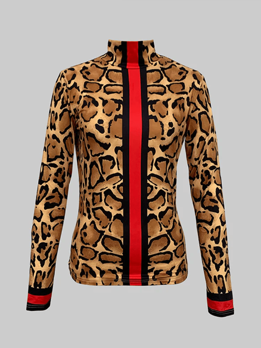 Slim-Fit Contrast Leopard-Print High-Neck Top laseze