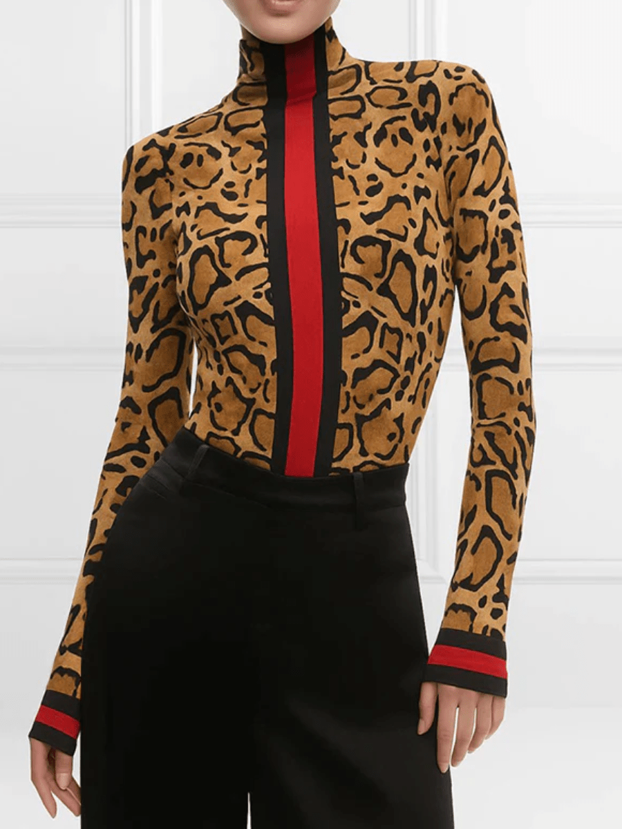 Slim-Fit Contrast Leopard-Print High-Neck Top laseze
