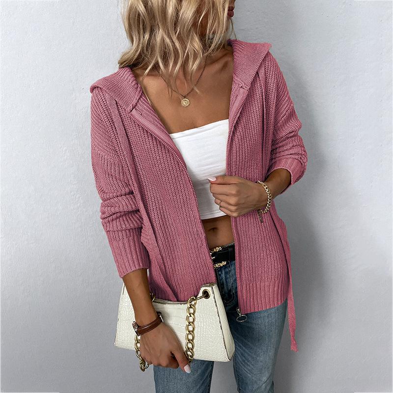 Solid Color Hooded Knit Cardigan speciaic