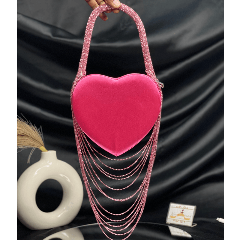 Sparkly Rhinestone Heart Fringe Bag - laseze