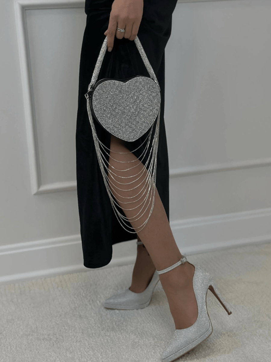 Sparkly Rhinestone Heart Fringe Bag - laseze