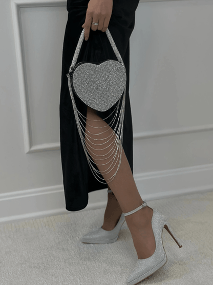 Sparkly Rhinestone Heart Fringe Bag - laseze
