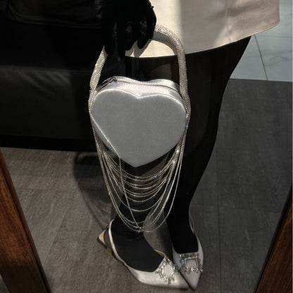Sparkly Rhinestone Heart Fringe Bag - laseze