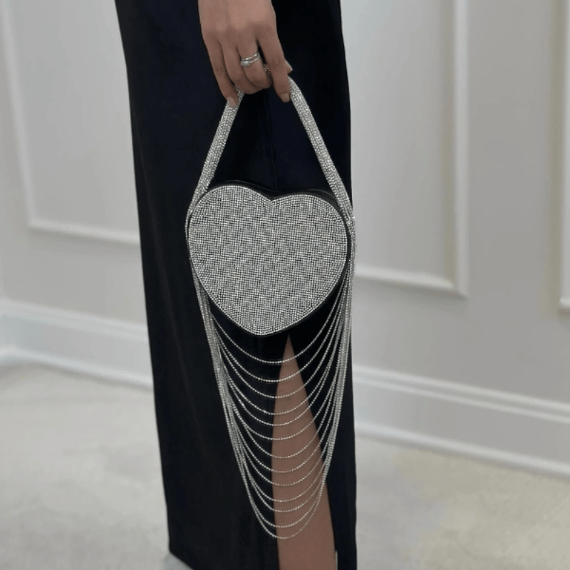 Sparkly Rhinestone Heart Fringe Bag - laseze