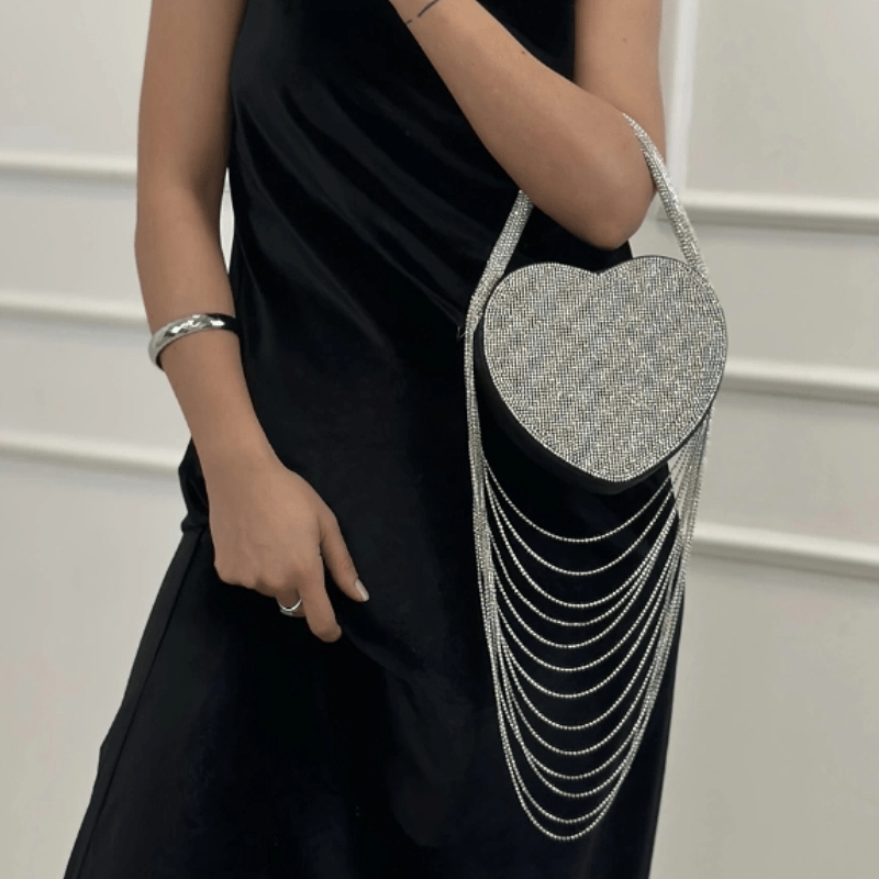 Sparkly Rhinestone Heart Fringe Bag - laseze