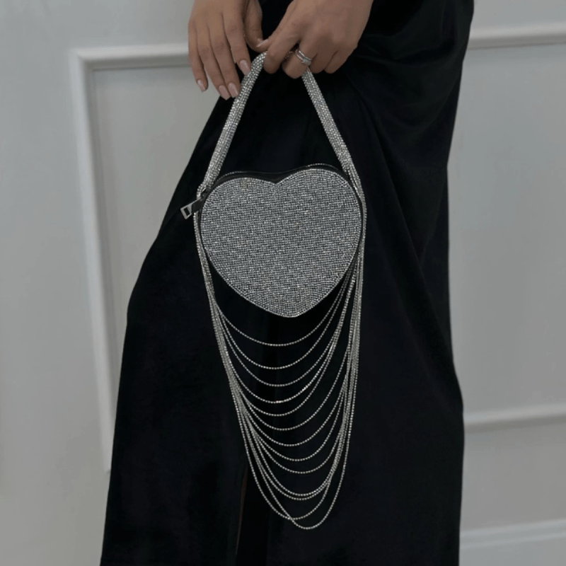 Sparkly Rhinestone Heart Fringe Bag - laseze