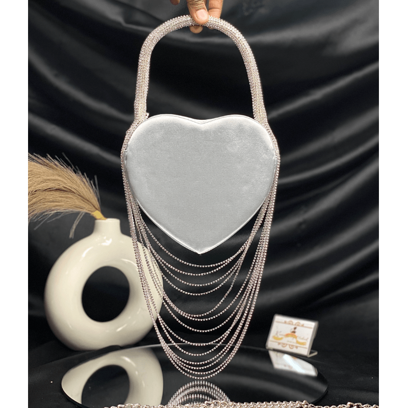 Sparkly Rhinestone Heart Fringe Bag - laseze