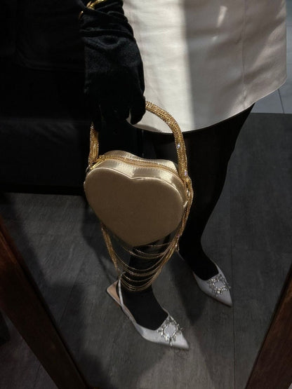 Sparkly Rhinestone Heart Fringe Bag - laseze