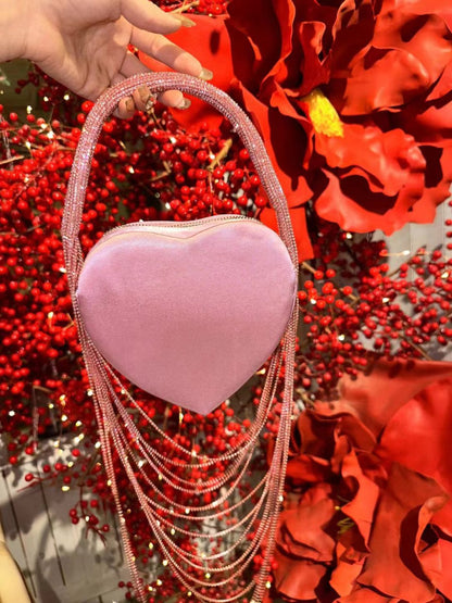 Sparkly Rhinestone Heart Fringe Bag - laseze